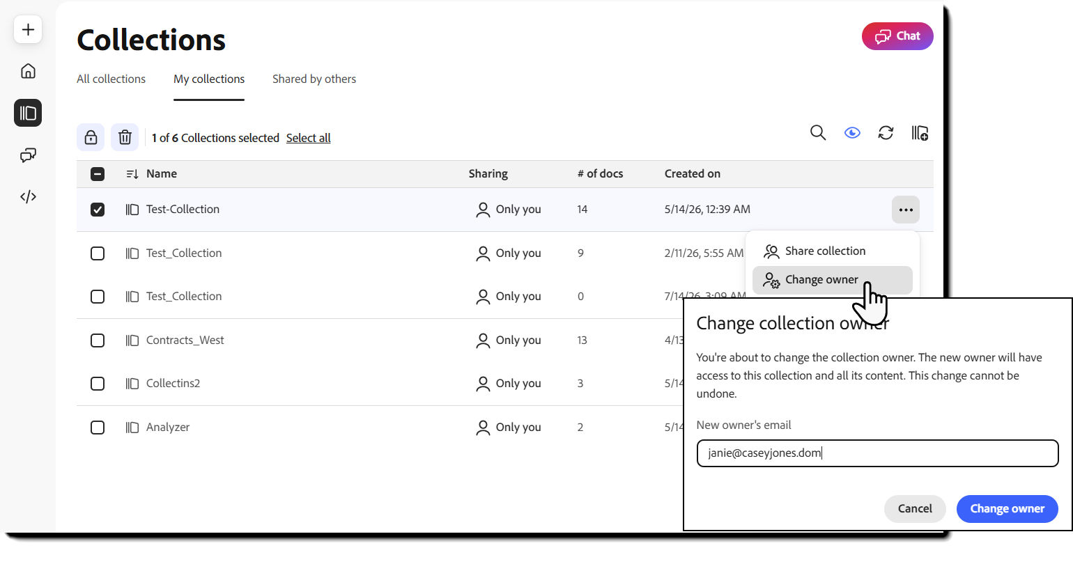 Change owner dialog with a field for the new owner’s email address.