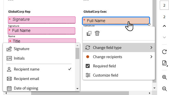 The authoring environment with a selected field showing the "Change field type" action