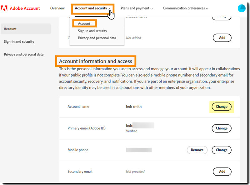 The account information section with the Chage button highlighted