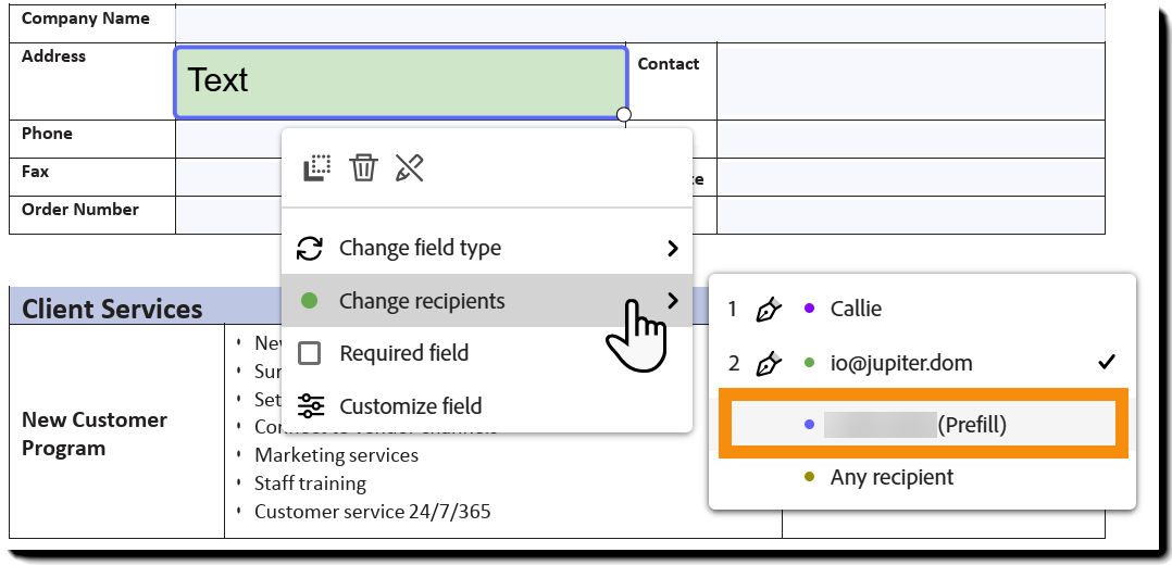 The prefill role on the Recipients menu