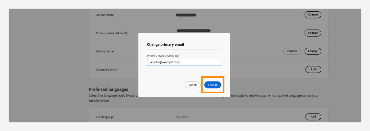 Change primary email dialog box with a text field to enter your email address and Change button.