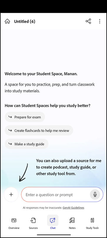 Student Space Chat screen with suggested study prompts, a question field, and an option to add source content.