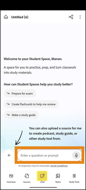 Chat screen in a new Student Space with a prompt field for asking a question.