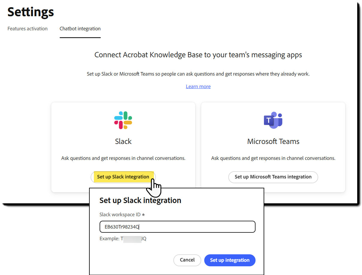 Chatbot App Integrations tab with options to set up Microsoft Teams and Slack integrations.