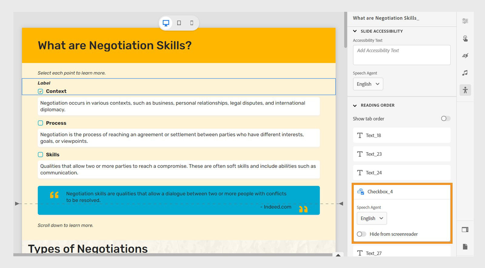 This image shows how to select the speech agent language for the checkbox in the reading order