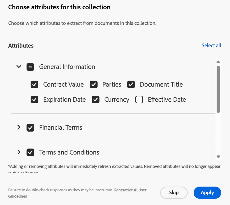 Choose Attributes panel showing available attributes that can be selected for a new collection.