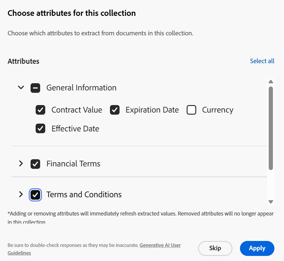 Choose attributes for this collection panel with several attributes selected.