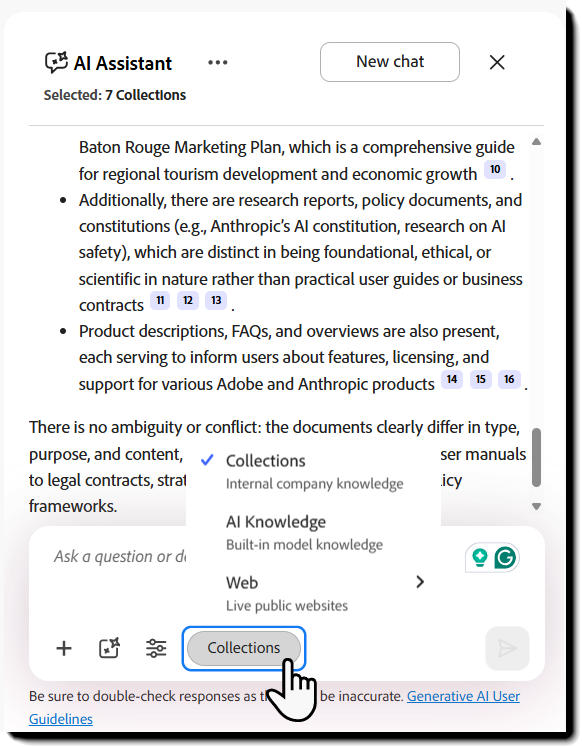 AI Assistant source selector showing Collections, AI Knowledge, and Web.
