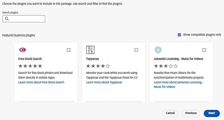 Choose Plugins screen showing available plugins with search and filter options to select plugins for the package.