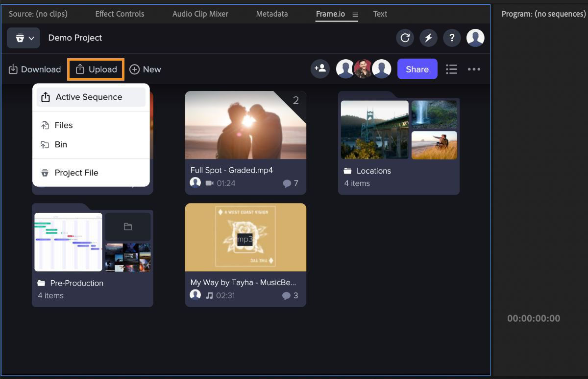 Choose the Active Sequence option to upload an active sequence that you are currently working on to Frame.io.
