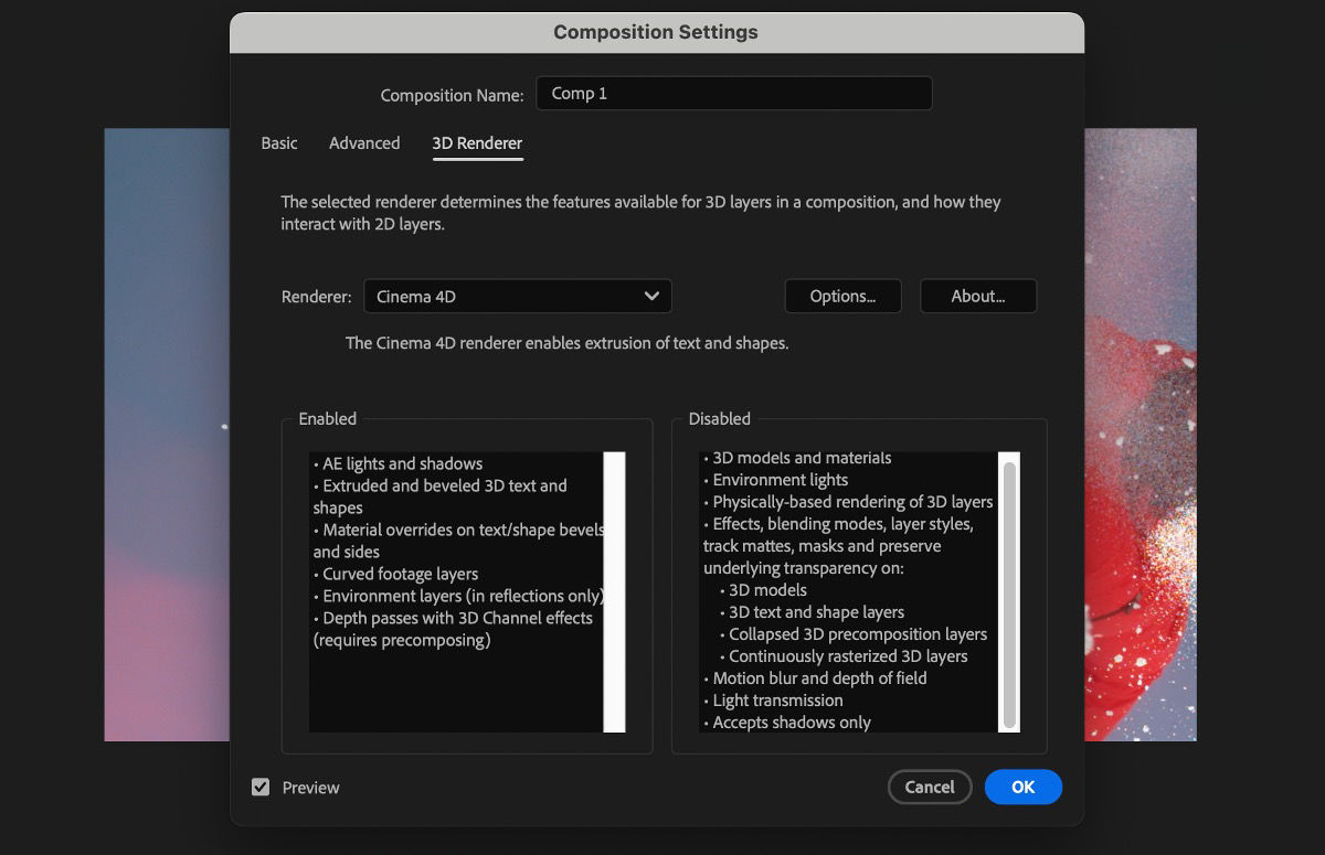 The 3D Renderer tab in After Effects Composition Settings shows that using the Cinema 4D renderer enables features like extruded 3D text and shapes but disables advanced 3D models and physically-based rendering.
