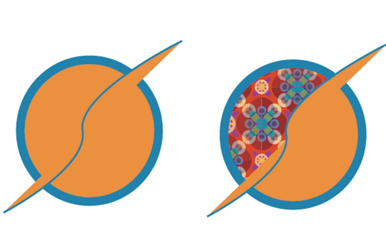 A circle and a line before applying Live Paint on the left, and after applying Live Paint on the right.