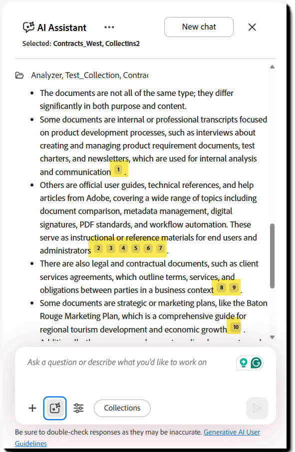 AI Assistant response with several citations linked to supporting collection files.