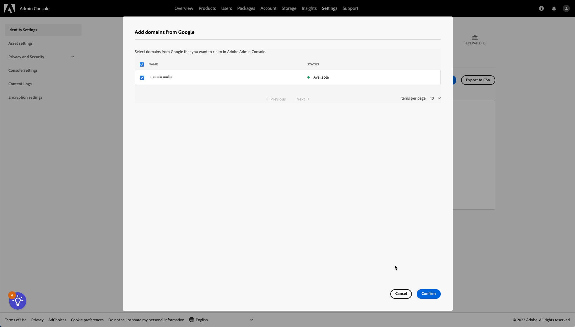 A screenshot of an admin claiming domains in the adobe admin console