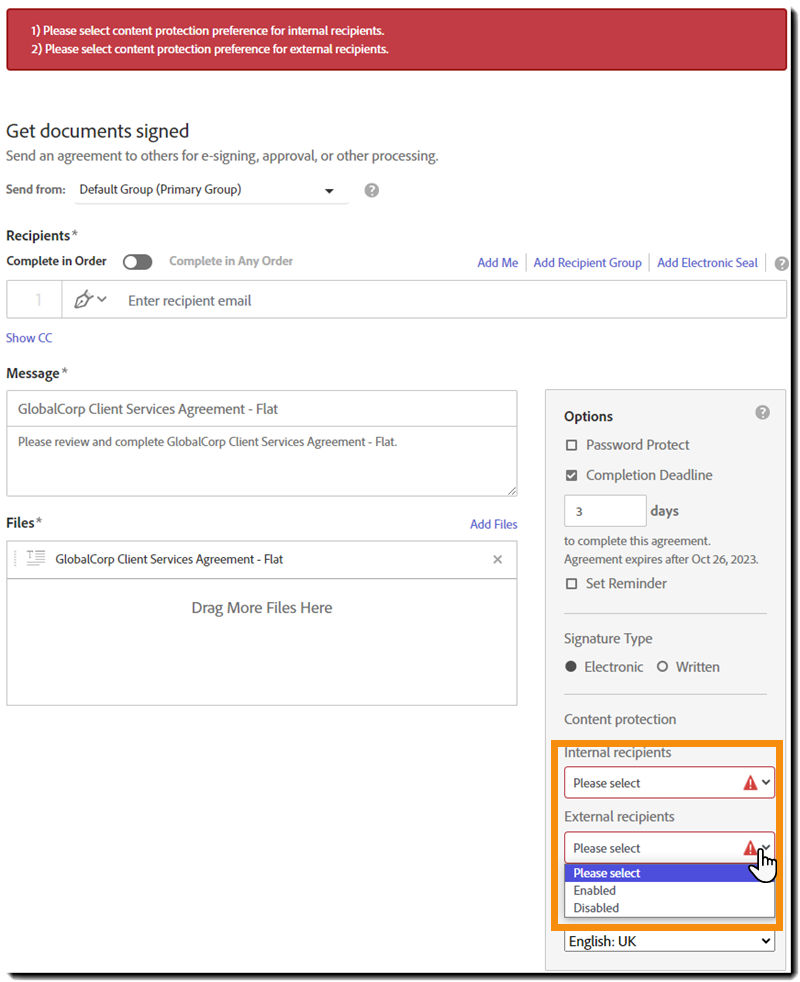 The Send page highlighting the Content Protection fields.