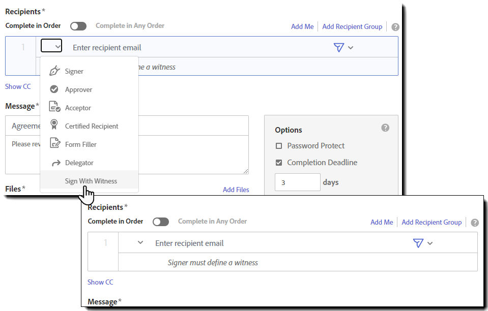 The Compose page showing the Roles drop-down expanded and the "Sign With Witness" option highlighted.