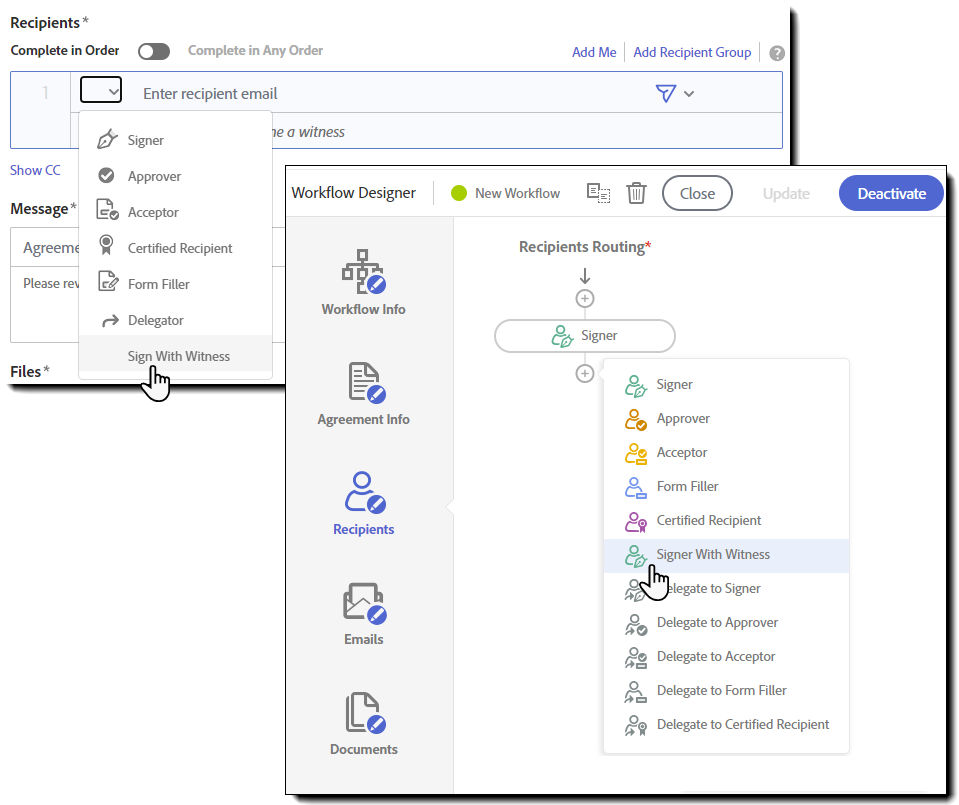 The Compose page and Workflow designer with the recipient roles expanded and the "Send With Witness" role highlighted.