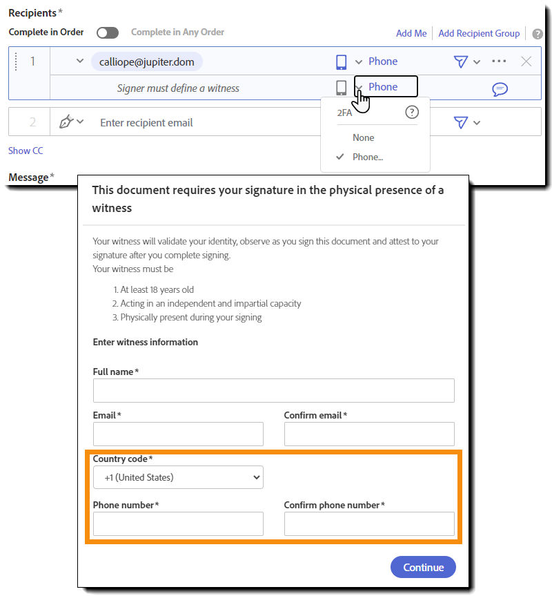 The Compose page with a witness added to the recipient list and the authentication dropdown expanded.