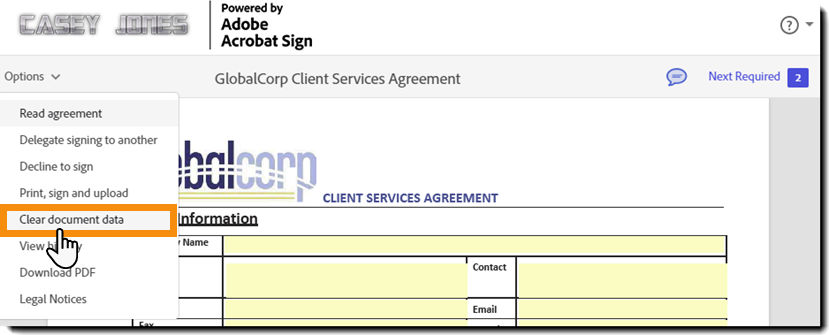 The e-sign page with the Options menu expanded and the "Clear document data" option highlighted.