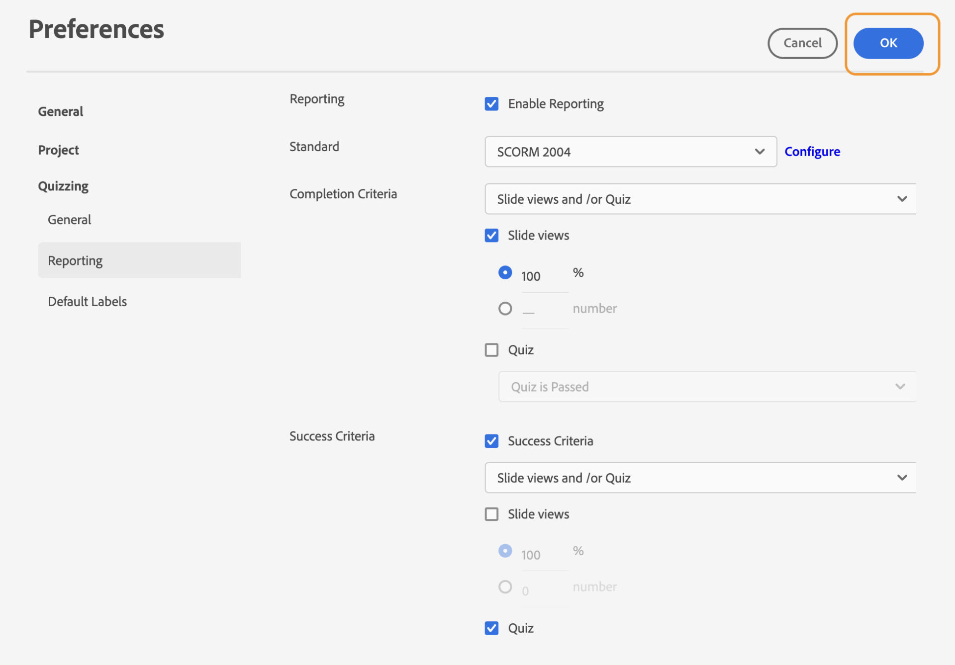Select the SCORM standard
