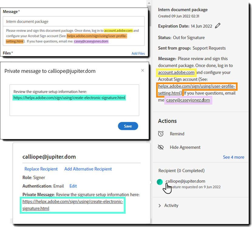 Clickable links in the message field on the Manage page view of an agreement