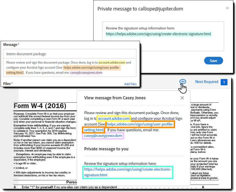 Configured message fields on the e-sign page
