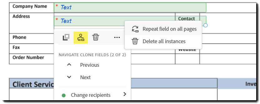 Cloned field menu