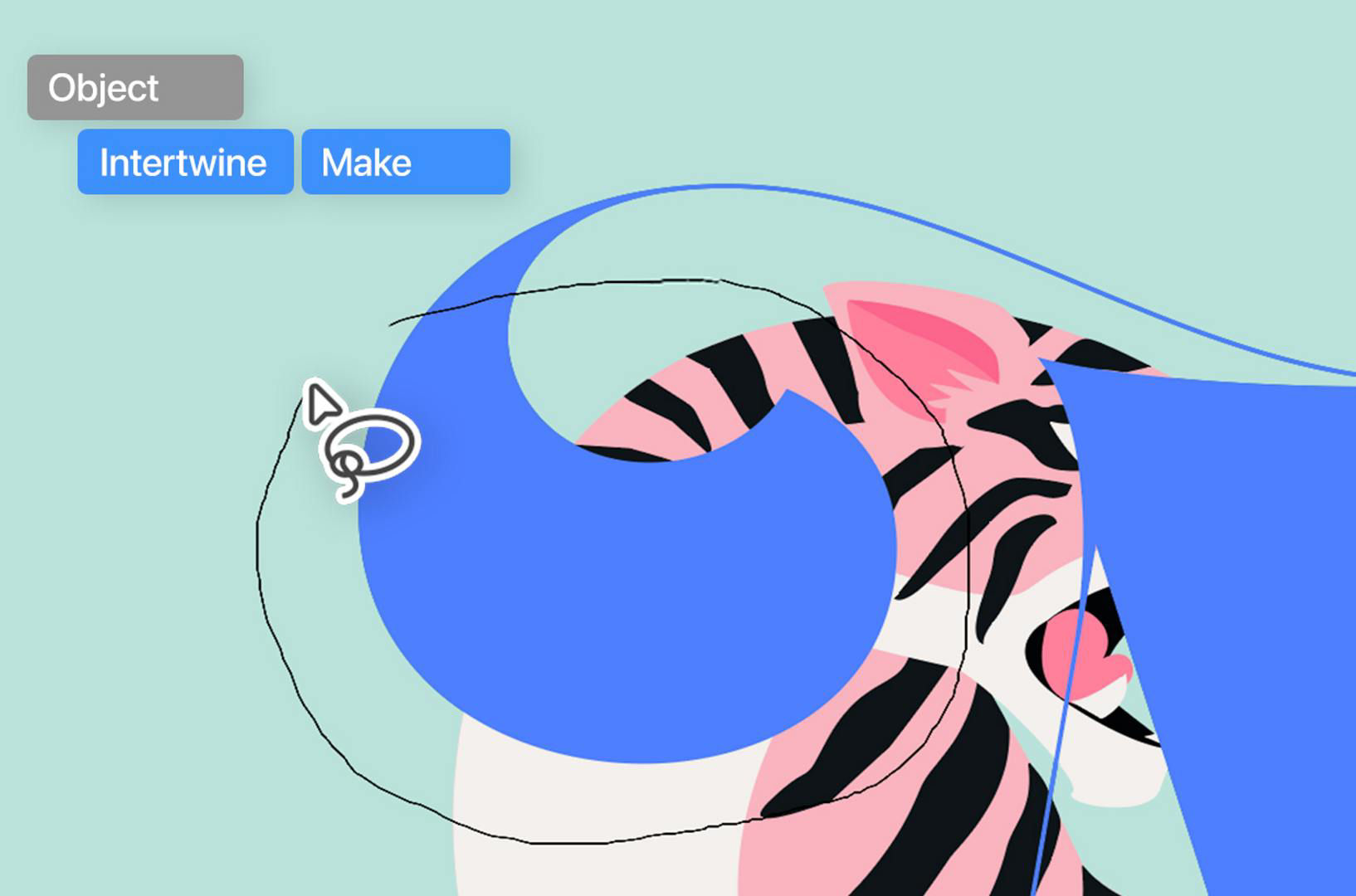 Close-up of an area of the tiger artwork with the Intertwine lasso tool drawing a circle around a portion of the M.
