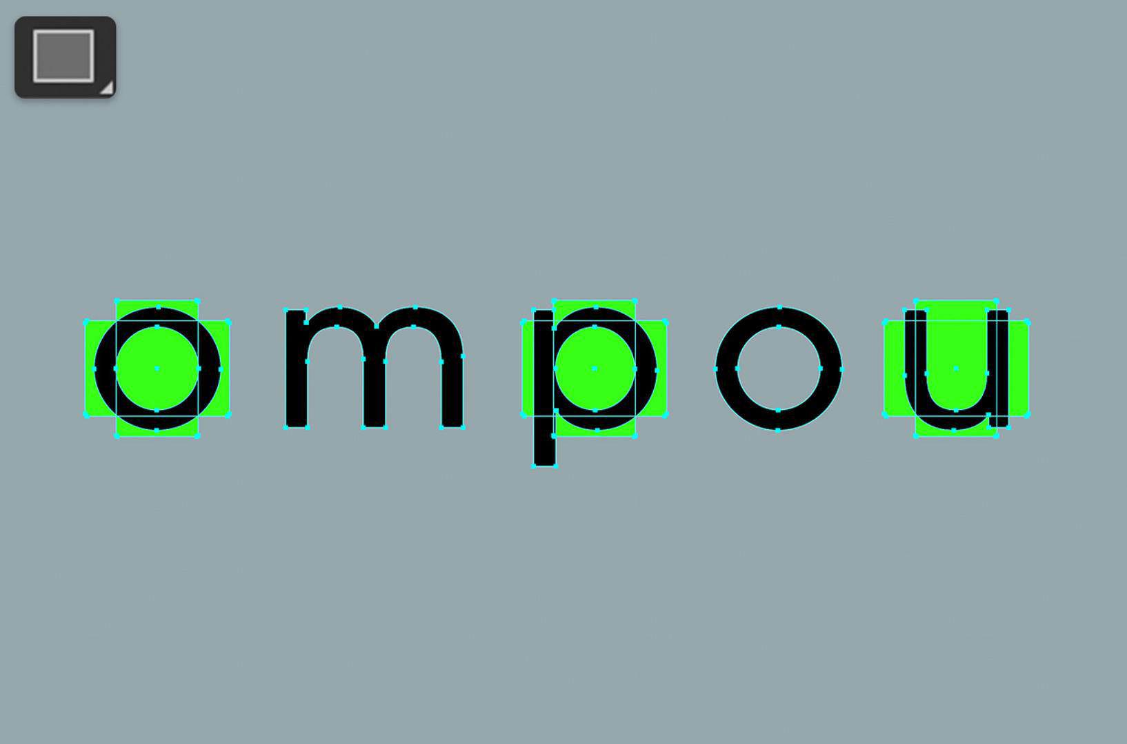 Close-up of the letters o, m, p, o, and u, outlined, with a simple geometric cross shape placed behind the rounded parts of o, p, and u.