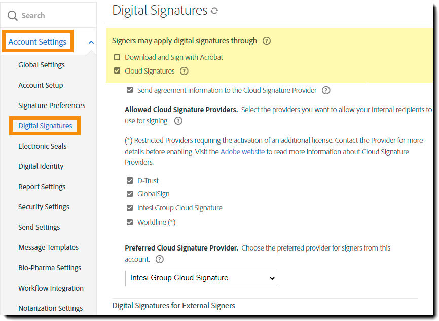 The Digital Signature configuration page with the Download and Cloud singature options highlighted.