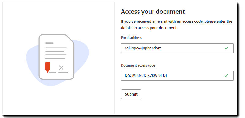 The "Access your document" page with the email and access code fields filled