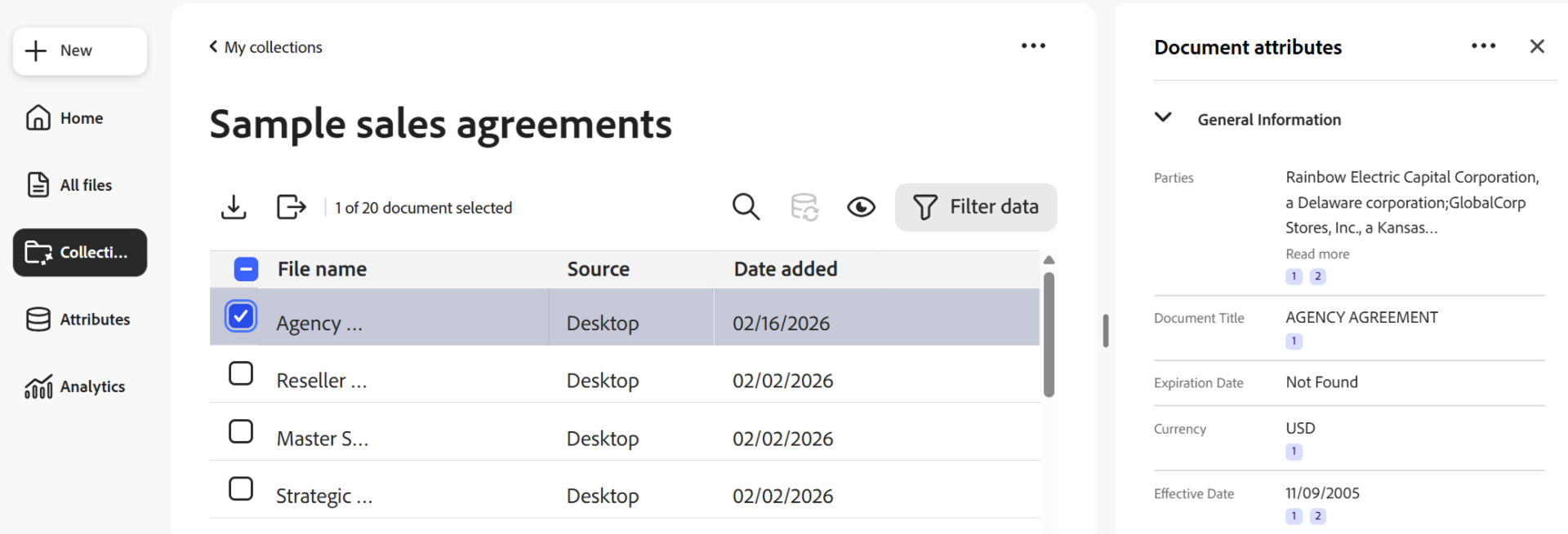 The Document page with one file selected, and the the document attributes exposed.