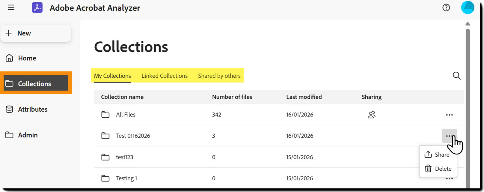 The Collections landing page with the three links to "My Collections", "LinkedCollections", and "Shared by others" highlighted.
