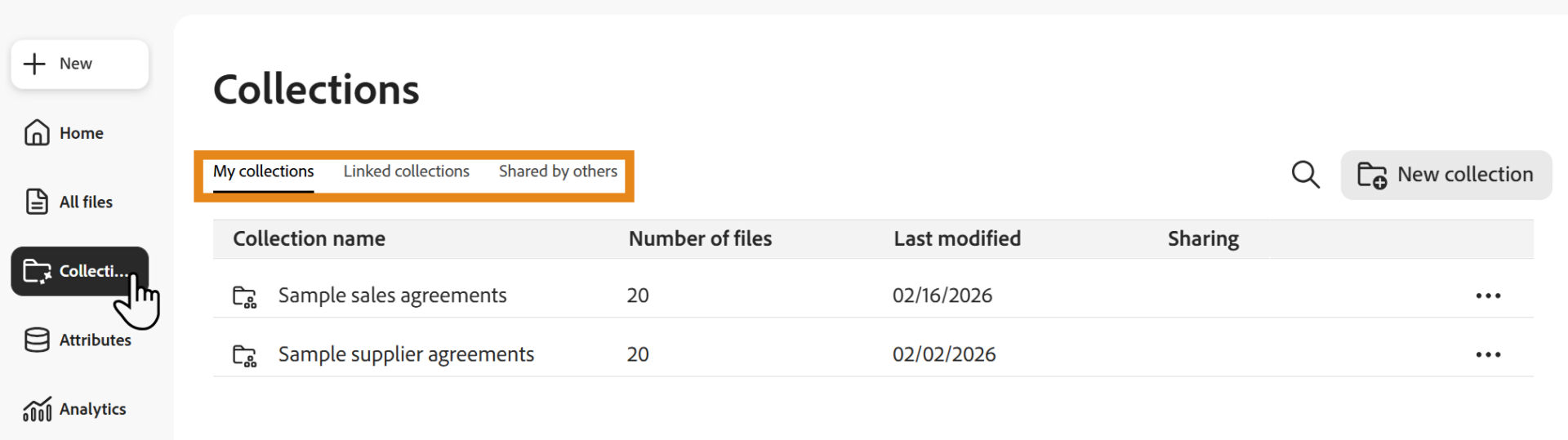 The Documents page with the Collections links highlighted.