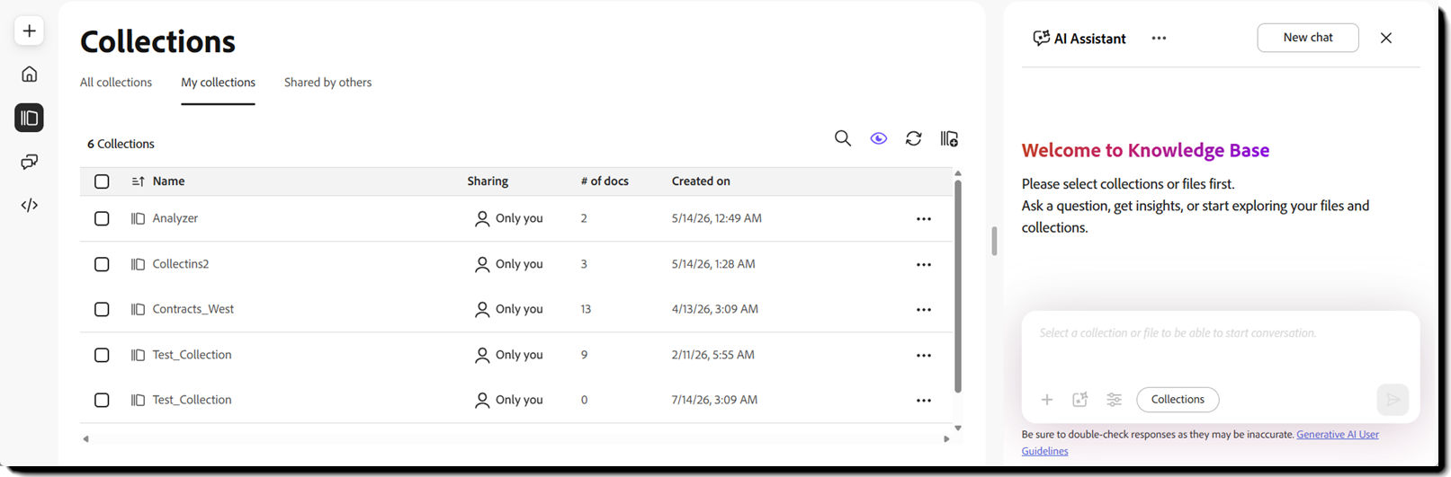 Collections page with the AI Assistant panel open beside the list of collections.