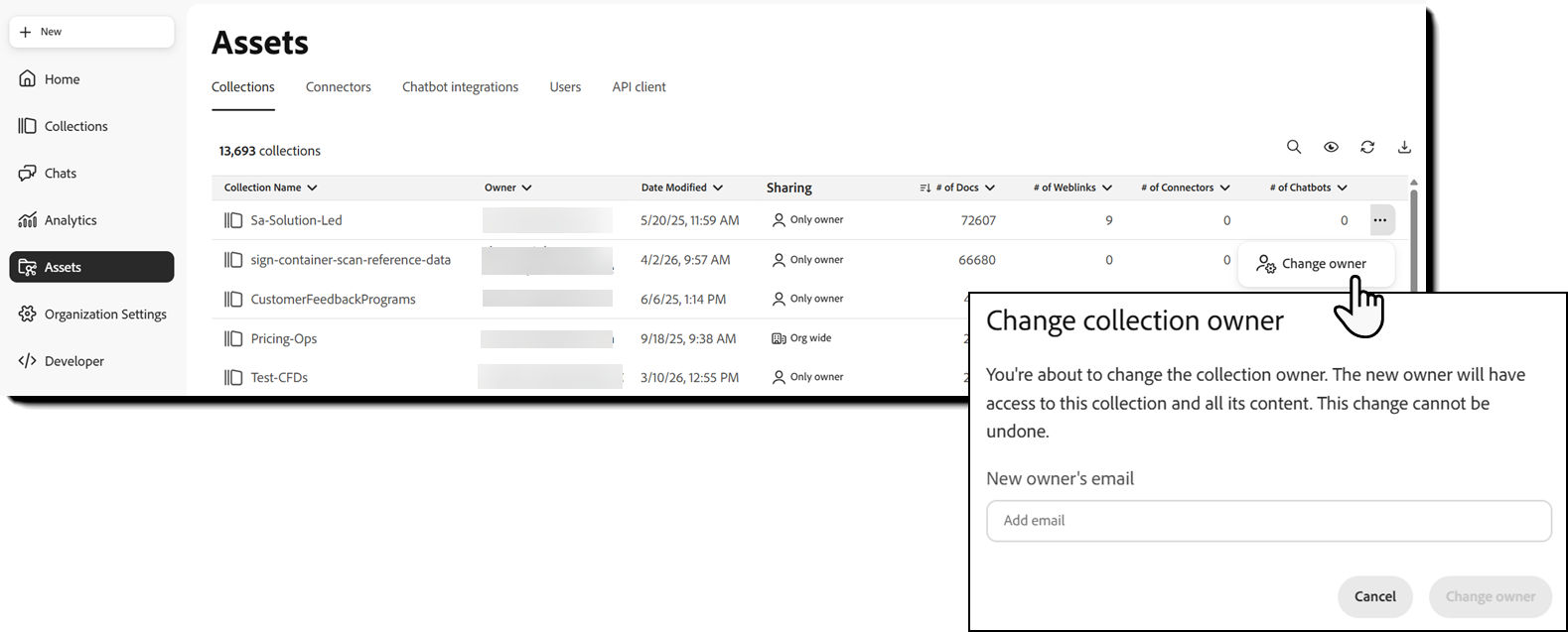Assets view showing the Collections tab and a table of collections in the organization.