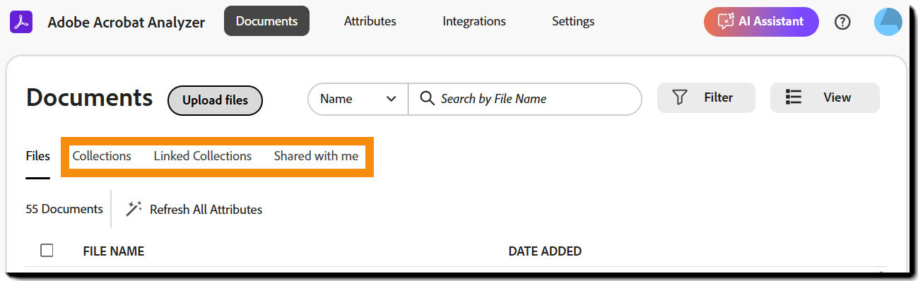 The Documents page with the Collections links highlighted.