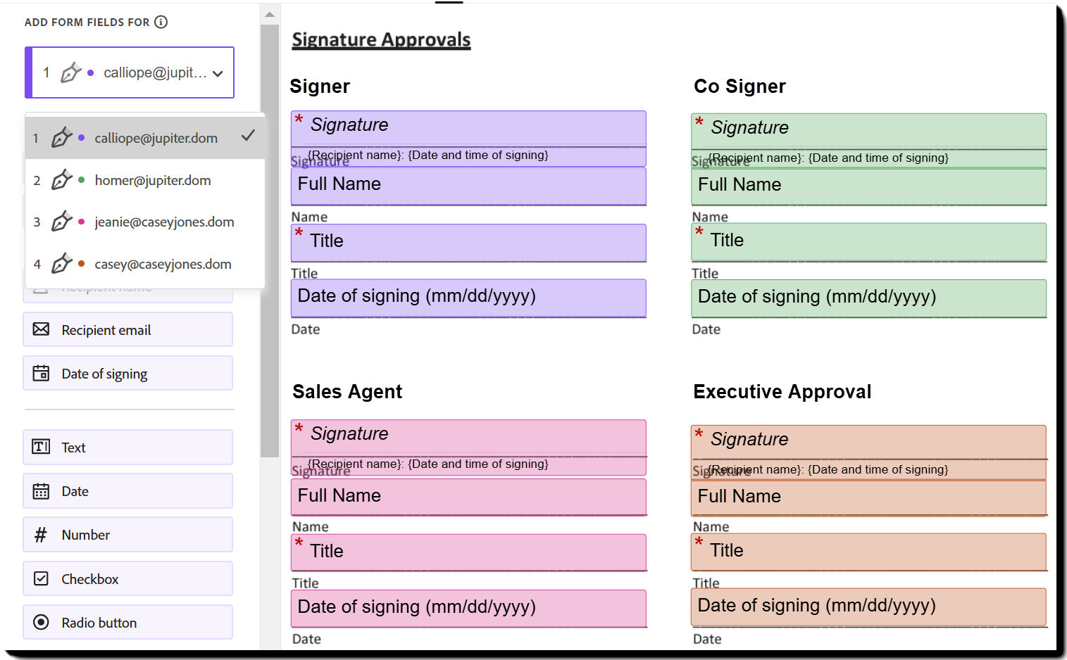 The drag-and-drop authoring environment displaying a list of recipients with their corresponding color coded fields/