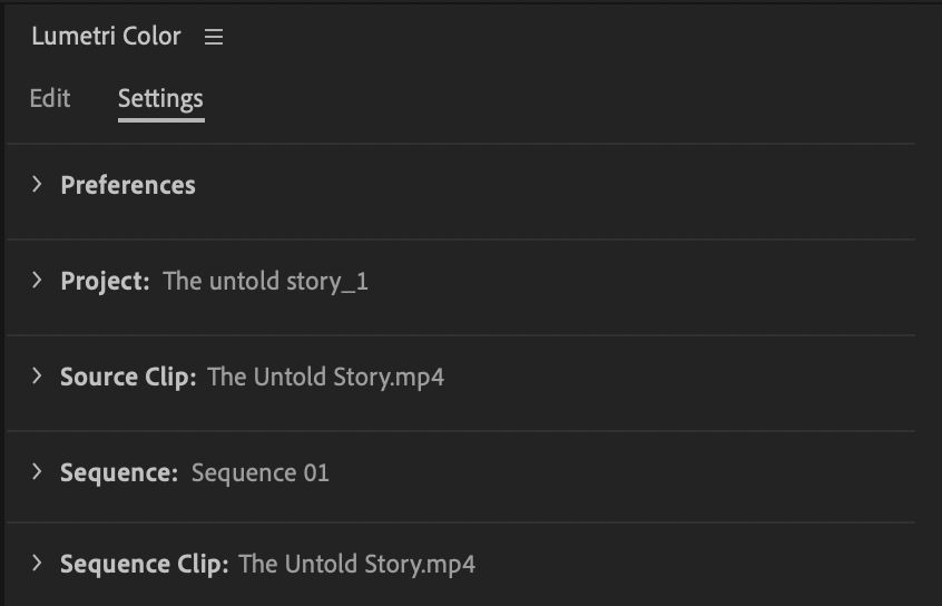 The Lumetri Color UI shows Settings that consolidate Preferences, Project, Source Clip, Sequence, Sequence Clip settings across Premiere Pro.