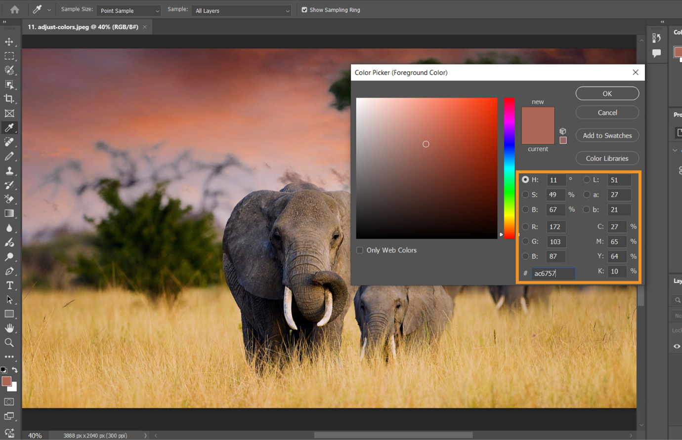 Color Picker dialog showing HSB color selection with hue, saturation, and brightness controls, and color values panel displaying RGB, CMYK, and hex options.
