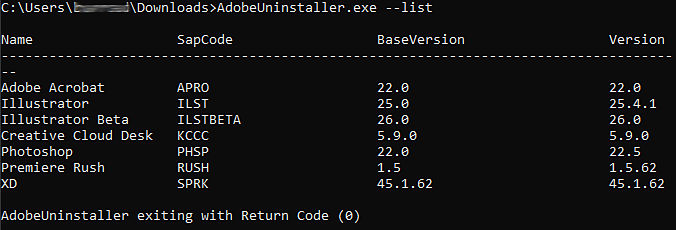 Command prompt showing Adobe Uninstaller Tool listing installed Adobe applications with version details.