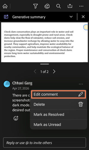 Comment options menu in Acrobat mobile showing Edit comment highlighted, along with Delete, Mark as Resolved, and Mark as Unread.