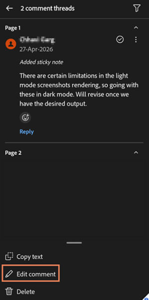 Comment options menu in Acrobat mobile showing Edit comment highlighted, along with Delete, Mark as Resolved, and Mark as Unread.