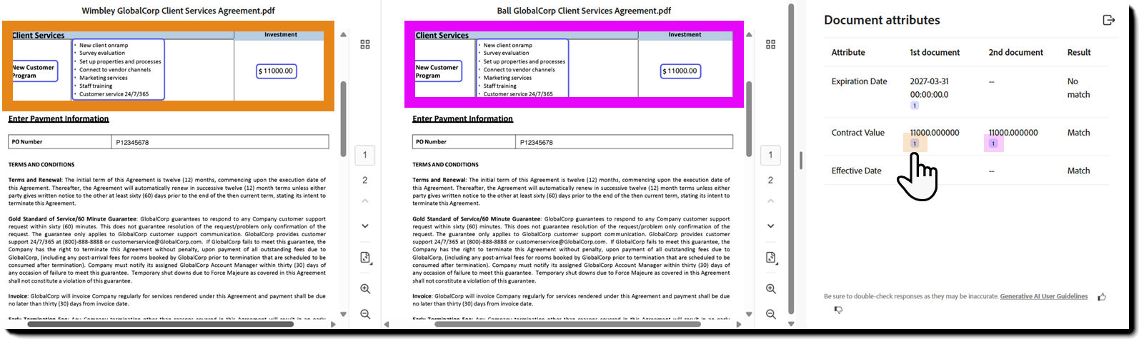 Side-by-side document comparison view showing highlighted attribute citations and the corresponding source text locations in each document.