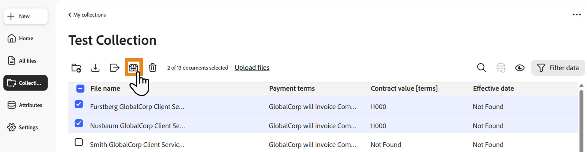 Two documents selected in a collection with the Compare icon visible in the quick actions area
