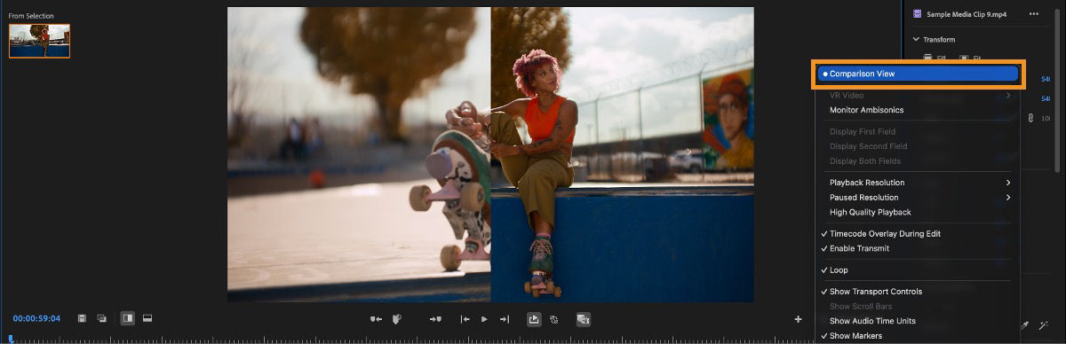 Comparison View enabled showing two clips side by side with menu option highlighted.