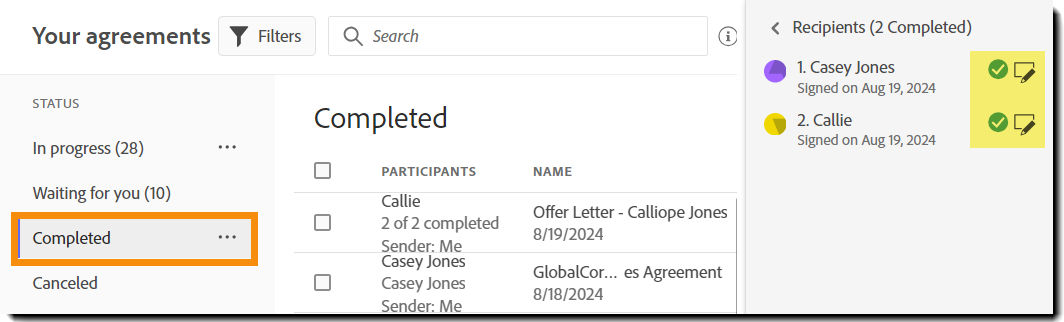 The recipient list for a completed agreement highlighting the View Form Data icons