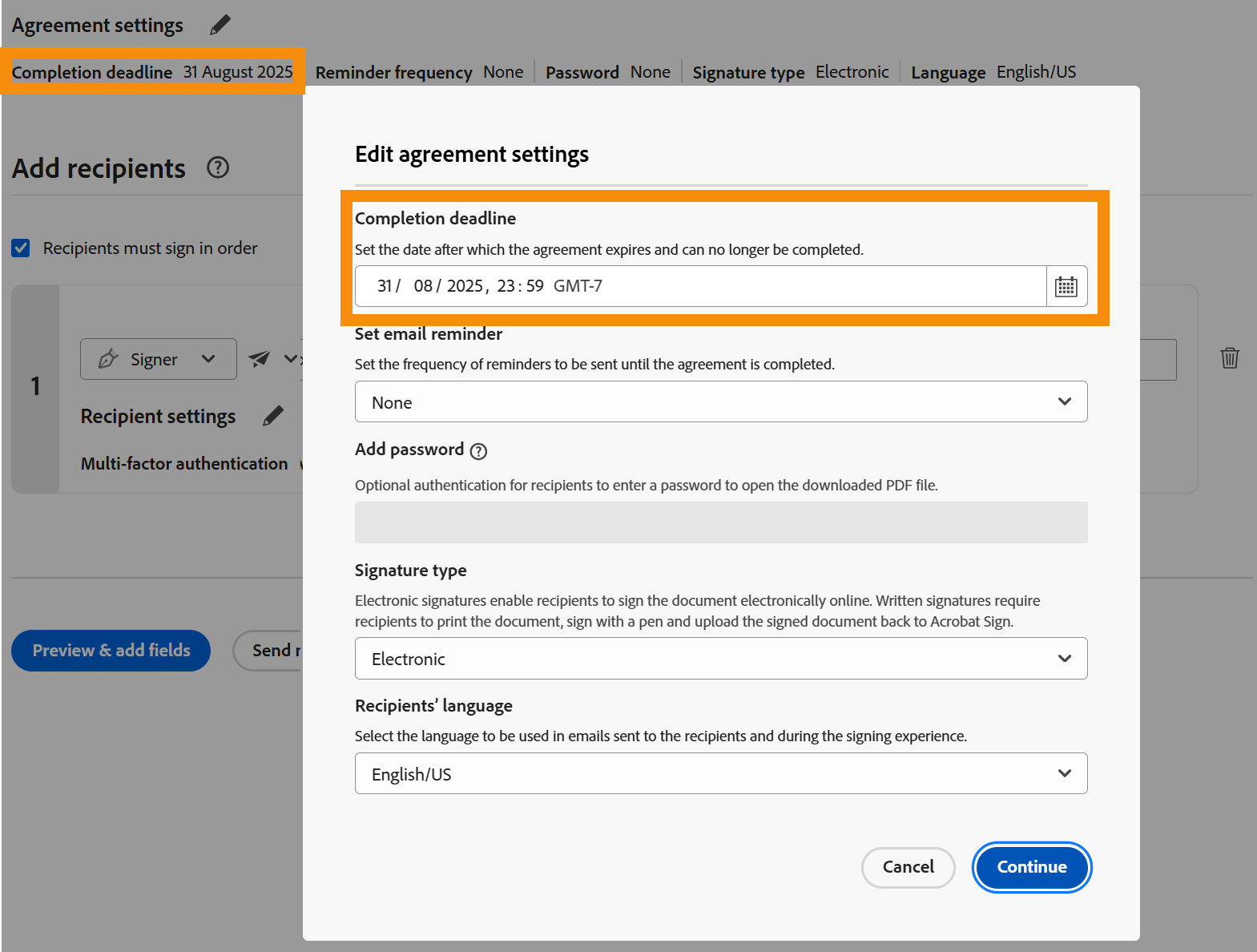 A view of the Request Signature page highlighting the "Completion deadline" control configured and editable.