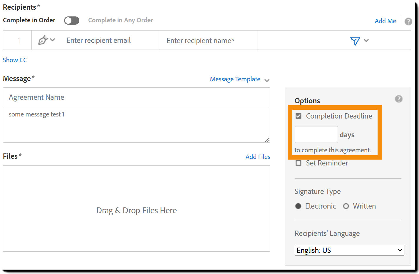 A view of the Request Signature page highlighting the "Completion deadline" control with no entered value.