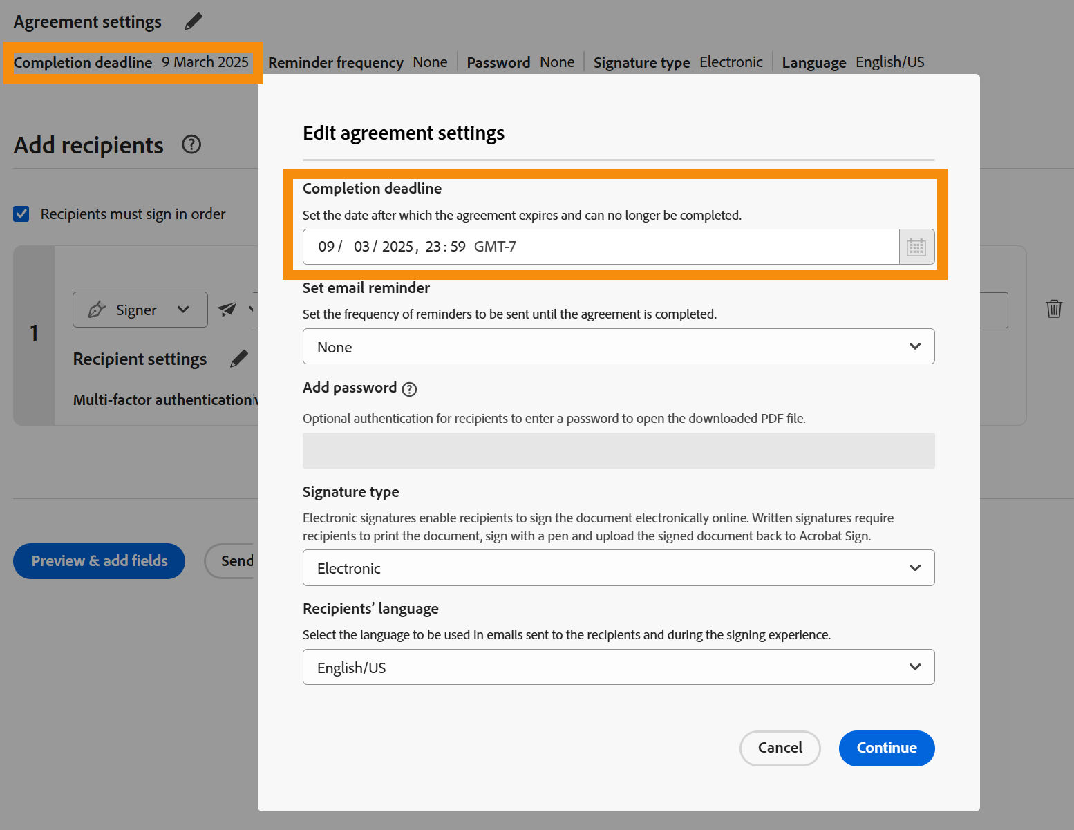 A view of the Request Signature page highlighting the "Completion deadline" control configured, but not editable.